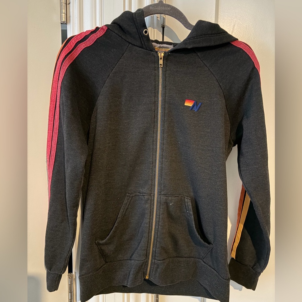 Aviator Nation Black Hoodie with Red and Orange Stripes